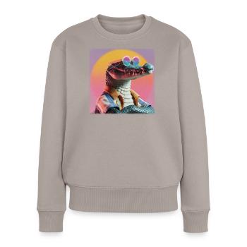 Retro Krokodil – Cooles Vintage Hawaii Design - Frauen Premium Bio Pullover - Taupe - Vorne - Julia (174cm)