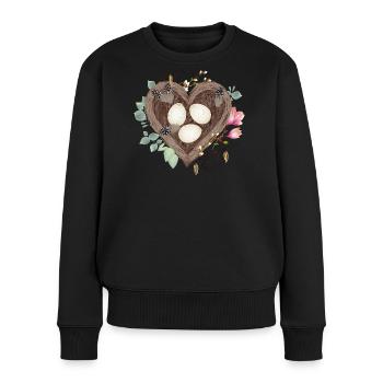 Herzförmiges Vogelnest mit Vogeleiern und Blüten - Frauen Premium Bio Pullover - Schwarz - Vorne - Julia (174cm)