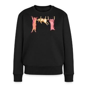 Katze T-Shirt spaßig Wäscheleine Tiermotiv - Frauen Premium Bio Pullover - Schwarz - Vorne - Julia (174cm)