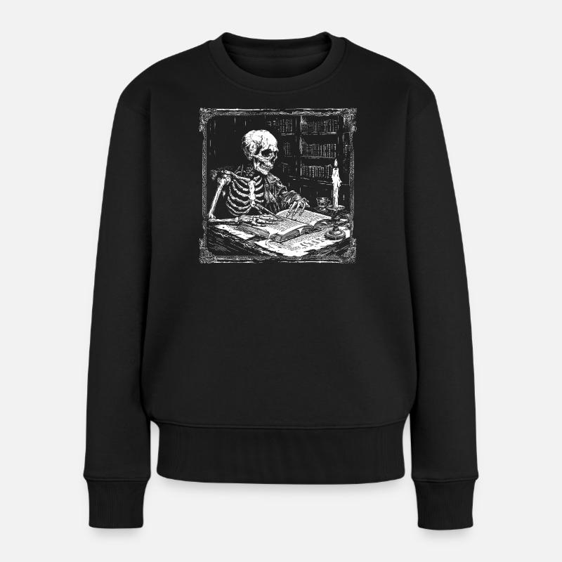 Skelett am Lese-Tisch Bücherwurm Leseratte - Frauen Premium Bio Pullover - Schwarz