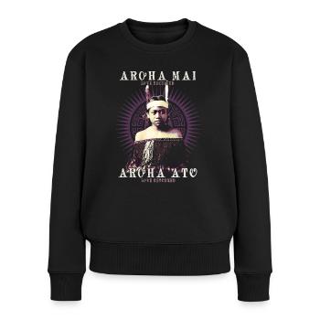 Aroha Mai, Maori Love Proverb Design, NZ Kiwi - Women's Premium Organic Jumper - black - Front - Julia (174cm)