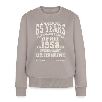 Born in April 1958 - 65 years old - Women's Premium Organic Jumper - taupe - Front - Julia (174cm)