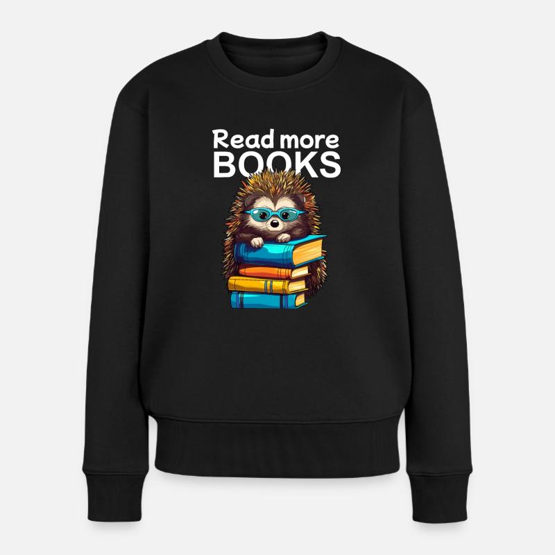 Niedlicher Igel mit Lesebrille liebt Bücher - Frauen Premium Bio Pullover - Schwarz