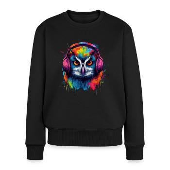 Eule Nachteule Techno Party Tier DJ - Frauen Premium Bio Pullover - Schwarz - Vorne - Julia (174cm)