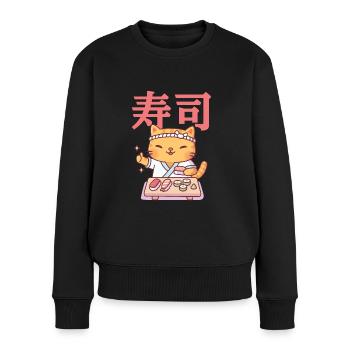 Mignon chef de chat tigré et sushis japonais - Pull Premium bio Femme - noir - Devant - Julia (174cm)