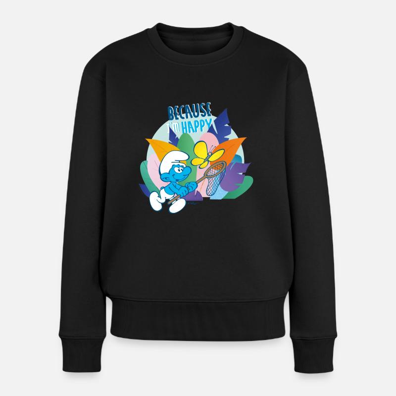 Die Schlümpfe Because I'm Happy Spruch Glücklich - Frauen Premium Bio Pullover - Schwarz