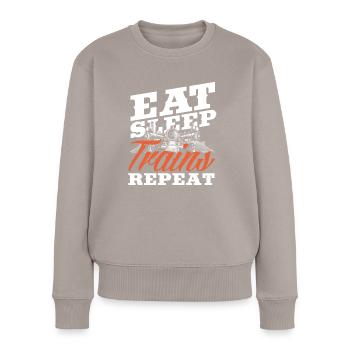 Eat Sleep Trains Repeat Eisenbahnliebhaber - Frauen Premium Bio Pullover - Taupe - Vorne - Julia (174cm)