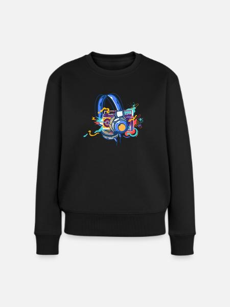 Techno Lover Bunte Kopfhörer Musik - Frauen Premium Bio Pullover - Schwarz