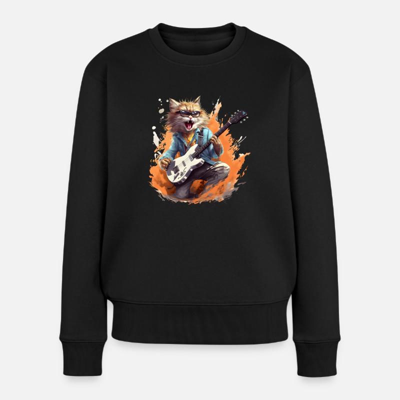 Singender Gitarrenspielender Kater - Frauen Premium Bio Pullover - Schwarz