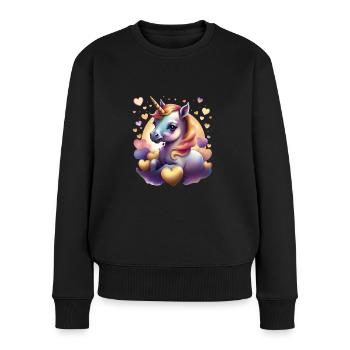 Einhorn mit bunten Herzen - Sweet Unicorn - Frauen Premium Bio Pullover - Schwarz - Vorne - Julia (174cm)