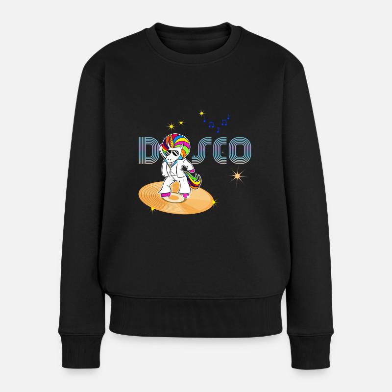 Disco-Humor-Einhorn-Tanz auf Vinyl-Schallplatte - Frauen Premium Bio Pullover - Schwarz