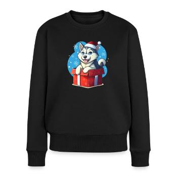 Chiot Husky Père Noël [00176] - Pull Premium bio Femme - noir - Devant - Julia (174cm)