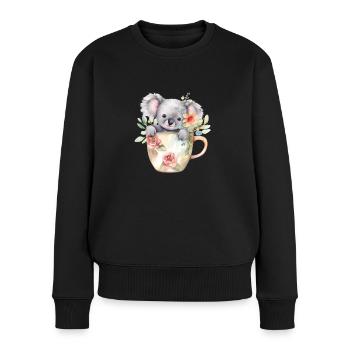 Niedlicher Koala mit Blumen in Kaffee-Tasse - Frauen Premium Bio Pullover - Schwarz - Vorne - Julia (174cm)