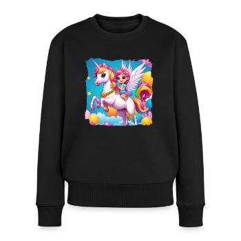 Einhorn mit Mädchen - Frauen Premium Bio Pullover - Schwarz - Vorne - Julia (174cm)