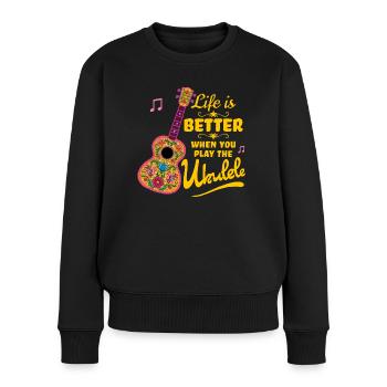 Citation colorée en ukulélé 'La vie est meilleure' - Pull Premium bio Femme - noir - Devant - Julia (174cm)