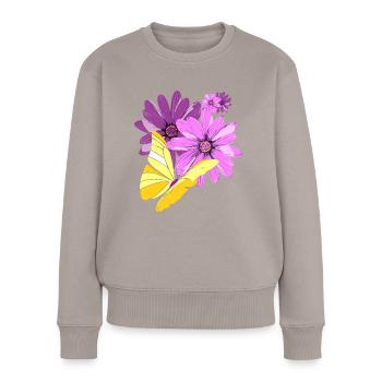 Papillon sur les fleurs - Pull Premium bio Femme - taupe - Devant - Julia (174cm)