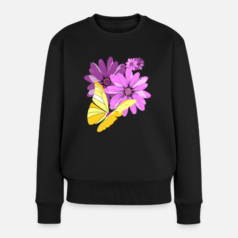 Schmetterling an Blüten - Frauen Premium Bio Pullover - Schwarz