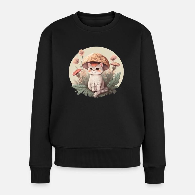 Ästhetische Katze Fliegenpilz Hut Pilz Cottagecore - Frauen Premium Bio Pullover - Schwarz
