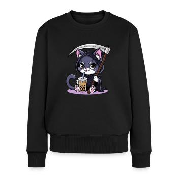 Sensenmann Anime Katze Kirschblüte - Frauen Premium Bio Pullover - Schwarz - Vorne - Julia (174cm)