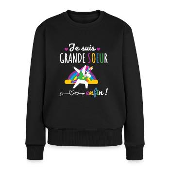 Je suis grande soeur enfin humour licorne cadeau - Pull Premium bio Femme - noir - Devant - Julia (174cm)