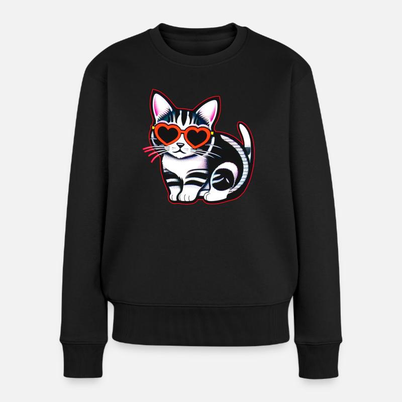 Niedliche coole Katze mit Herz Sonnenbrille - Frauen Premium Bio Pullover - Schwarz