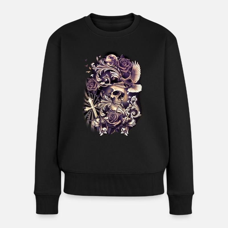 SCHÄDEL mit Taubenkreuzblumen Religiöse Tätowierungskunst - Frauen Premium Bio Pullover - Schwarz