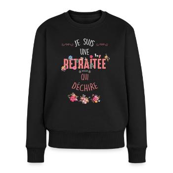 Retraitée qui dechire, idée cadeau départ retraite - Pull Premium bio Femme - noir - Devant - Julia (174cm)