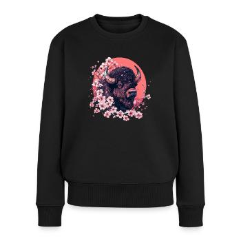 Bison mit Kirschblüten - Frauen Premium Bio Pullover - Schwarz - Vorne - Julia (174cm)