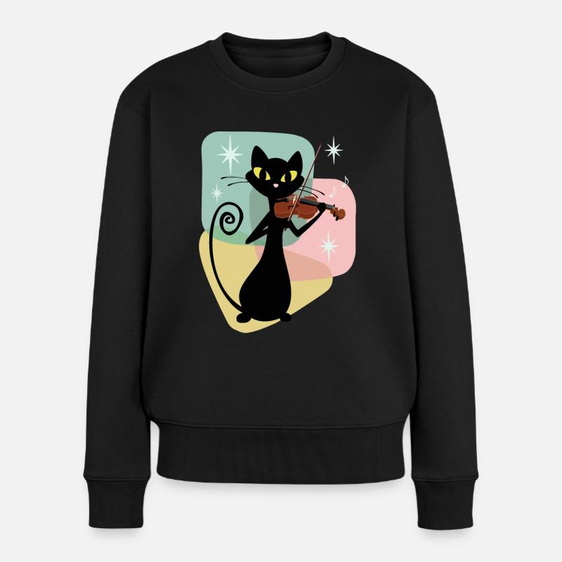 Retro Geigenspieler Black Mid Century Cat - Frauen Premium Bio Pullover - Schwarz