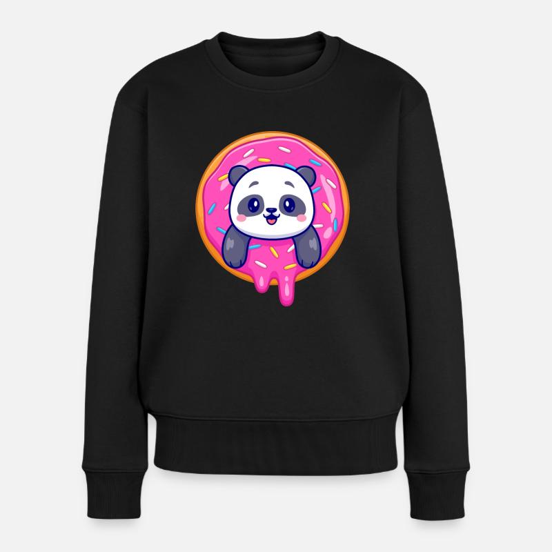 Süßes Pandababy und ein süßer Dounat - Frauen Premium Bio Pullover - Schwarz