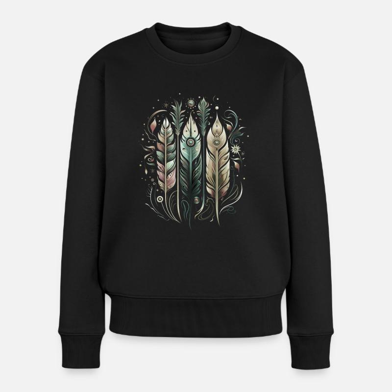 Bunte Federn, Boho, Ethno, Style, Indianer, Muster - Frauen Premium Bio Pullover - Schwarz