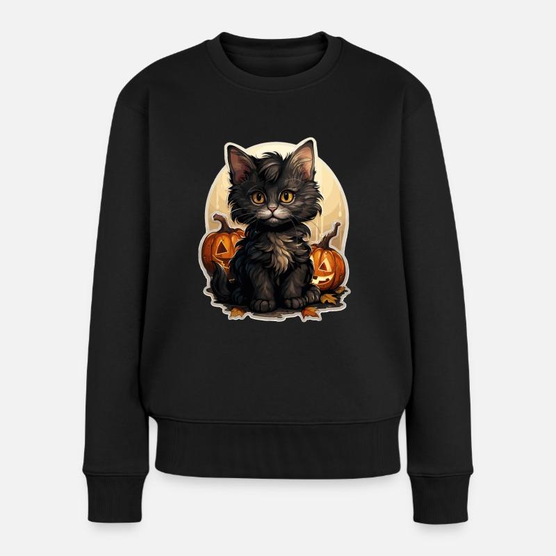 Katze mit Kürbis an Halloween - Frauen Premium Bio Pullover - Schwarz