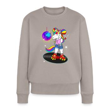 Kostümjahr 70 80 Vintage Einhorn Disco - Frauen Premium Bio Pullover - Taupe - Vorne - Julia (174cm)