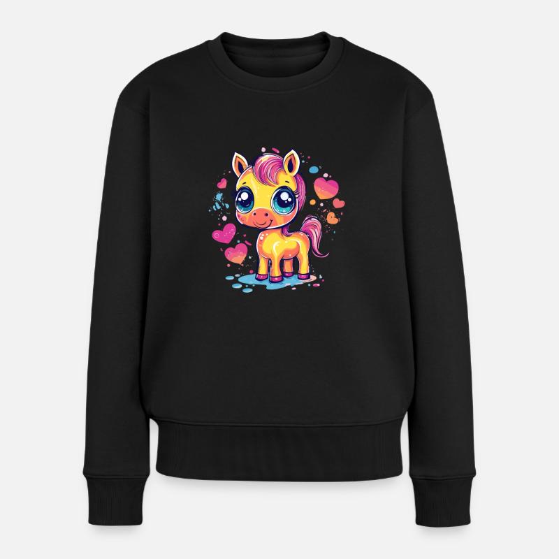 Buntes Pony mit Herzen - Frauen Premium Bio Pullover - Schwarz