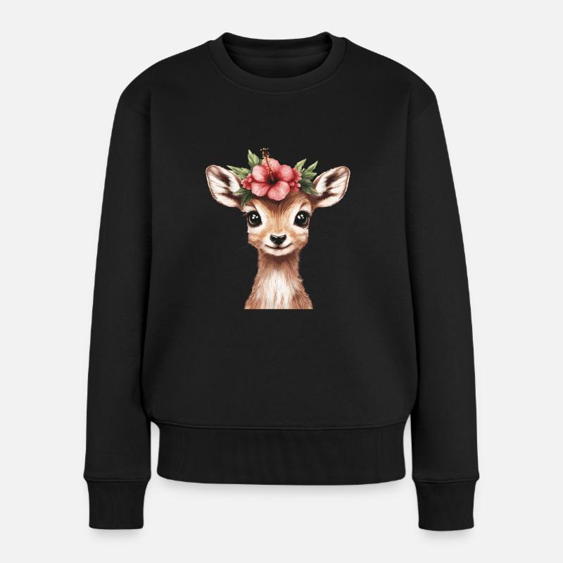 Reh mit Blüte - Frauen Premium Bio Pullover - Schwarz