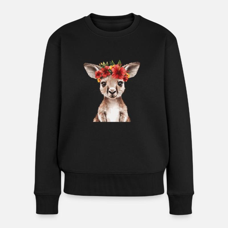 Känguru mit Blumenkranz - Frauen Premium Bio Pullover - Schwarz