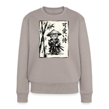 Samurai Katze Sumi-e Tuschezeichnung - Frauen Premium Bio Pullover - Taupe - Vorne - Julia (174cm)