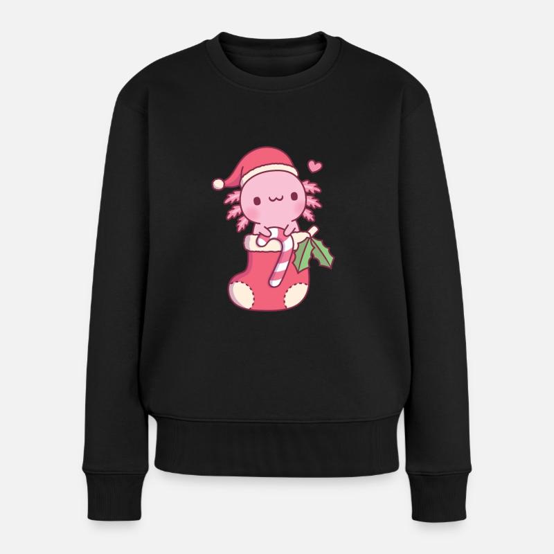 Süßer Axolotl mit Zuckerstange im Weihnachtsstrumpf - Frauen Premium Bio Pullover - Schwarz