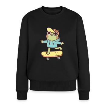 Niedlicher Frosch auf Skateboard - Frauen Premium Bio Pullover - Schwarz - Vorne - Julia (174cm)