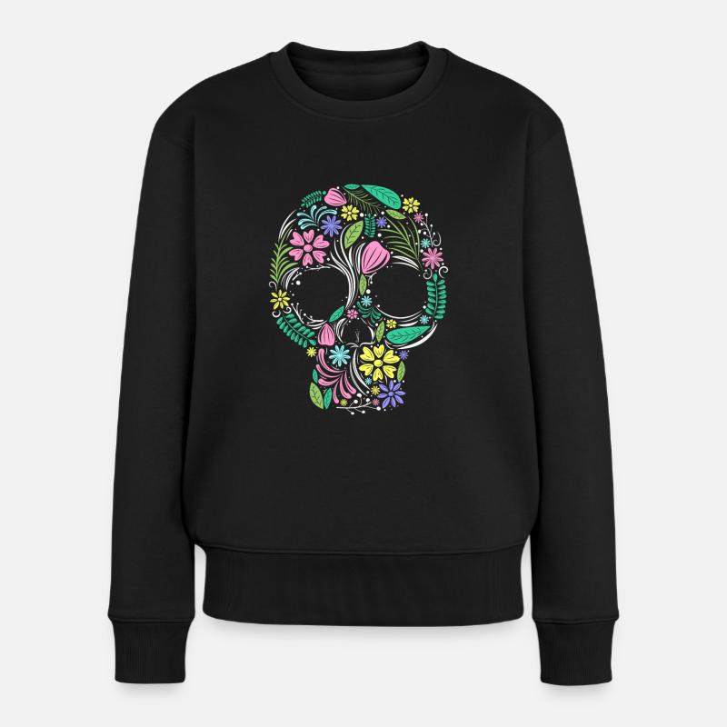 Totenkopf Blumen Hippie - Frauen Premium Bio Pullover - Schwarz