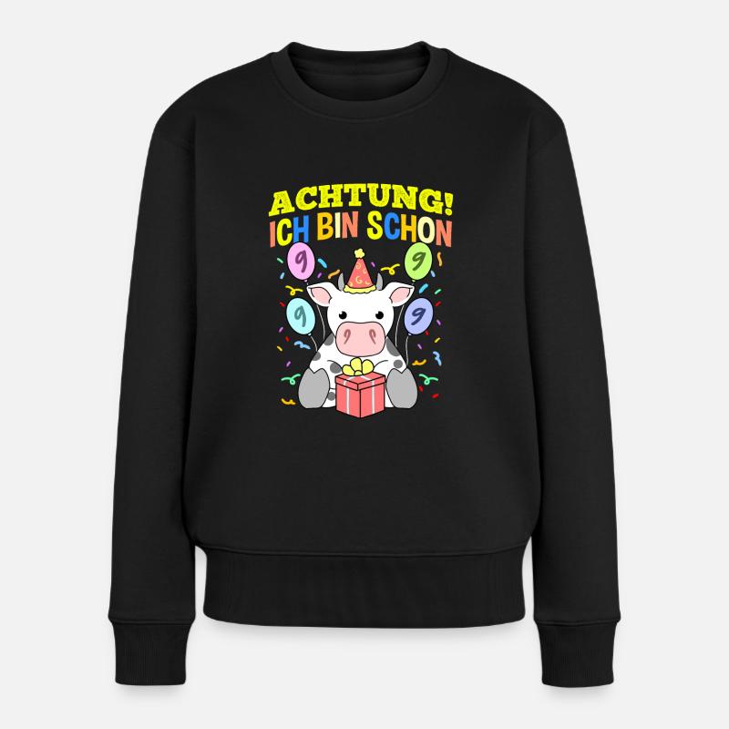 Achtung Ich Bin Schon 9 Geburtstag Kuh - Frauen Premium Bio Pullover - Schwarz