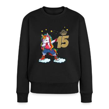 Geburtstagskind 15 Jahre alt Humor Einhorn Dab - Frauen Premium Bio Pullover - Schwarz - Vorne - Julia (174cm)