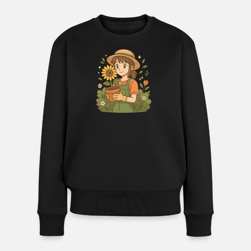 Sonnenblumen Gartenmädchen – Süße Anime Gärtnerin - Frauen Premium Bio Pullover - Schwarz