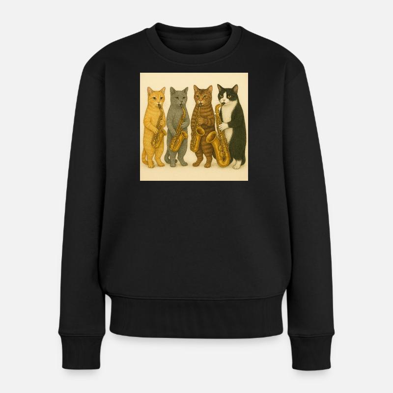 Jazzende Katzen mit Saxophonen - Frauen Premium Bio Pullover - Schwarz