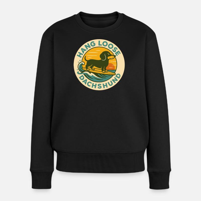 Surfer Dackel im Sonnenuntergang - Frauen Premium Bio Pullover - Schwarz