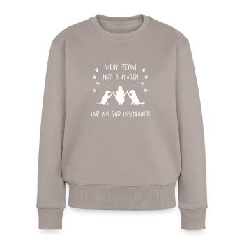 Team 8 Pfoten unschlagbar - Frauen Premium Bio Pullover - Taupe - Vorne - Julia (174cm)