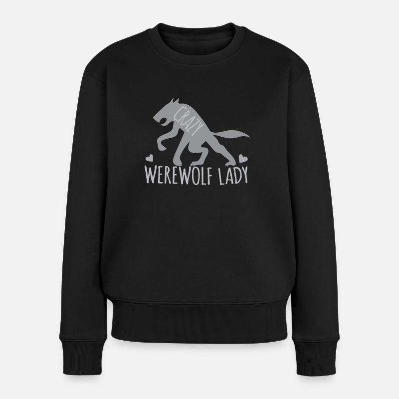 Verrückte Werwolfdame mit grauem gehendem Wolf - Frauen Premium Bio Pullover - Schwarz