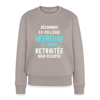 Femme Retraite Ex Collègue Jeune Retraitée - Pull Premium bio Femme - taupe - Devant - Julia (174cm)