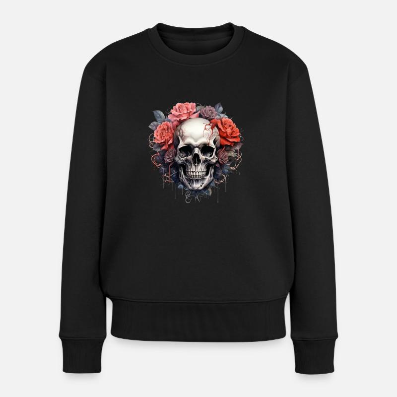 Der Tanz des Todes: Rosen und Gothic Totenschädel - Frauen Premium Bio Pullover - Schwarz