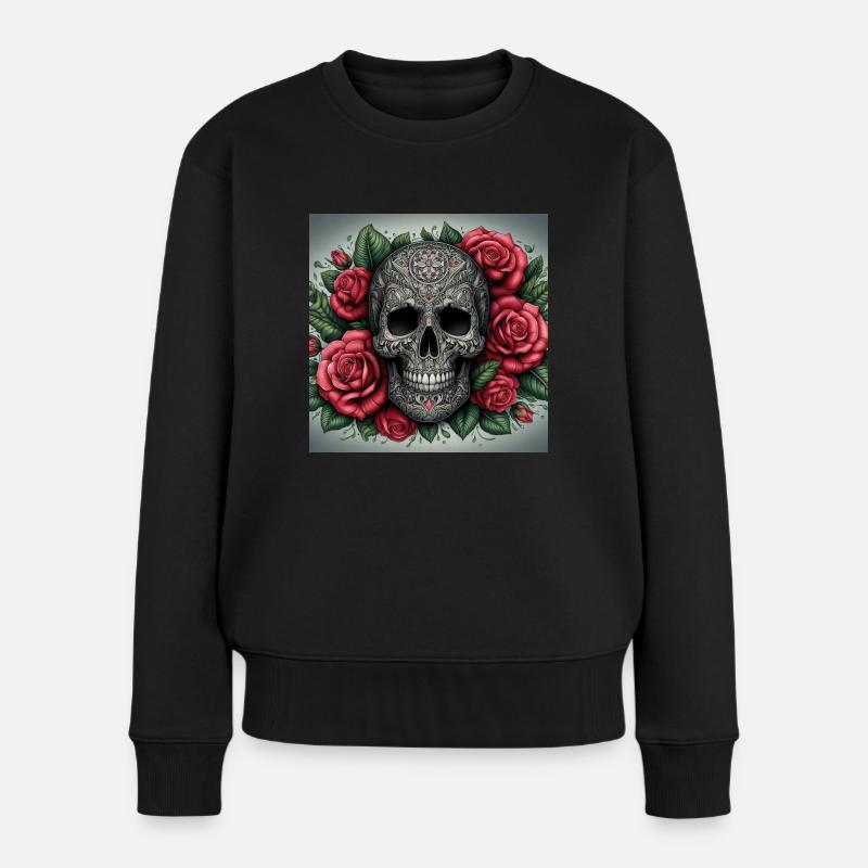 Totenkopf rote Rose - Frauen Premium Bio Pullover - Schwarz